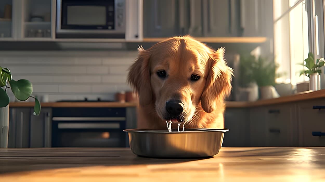 A golden retriever drinking clean, filtered water from a bowl